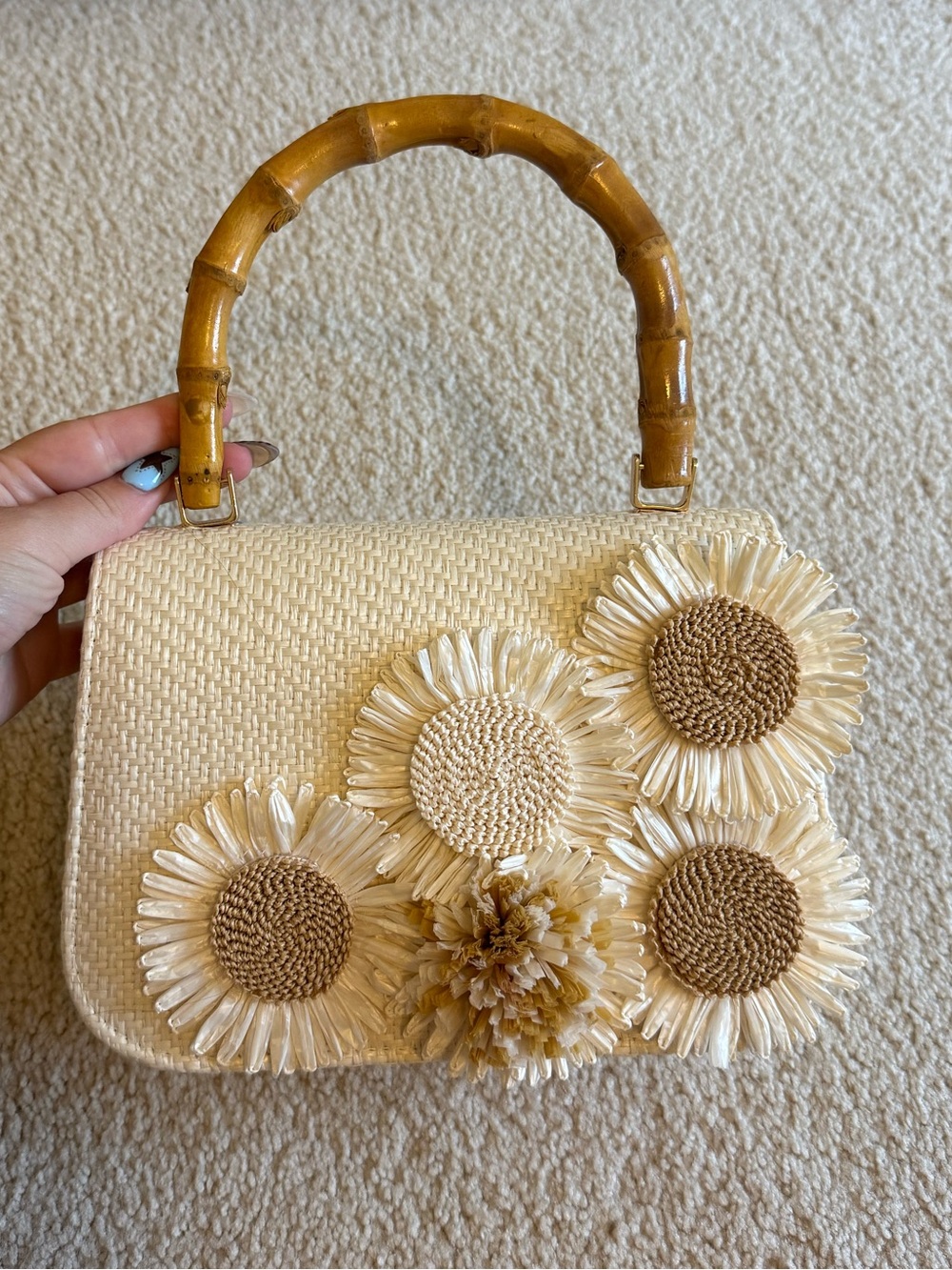 Straw Floral Top-Handle Bag in Cream with Bamboo Handle